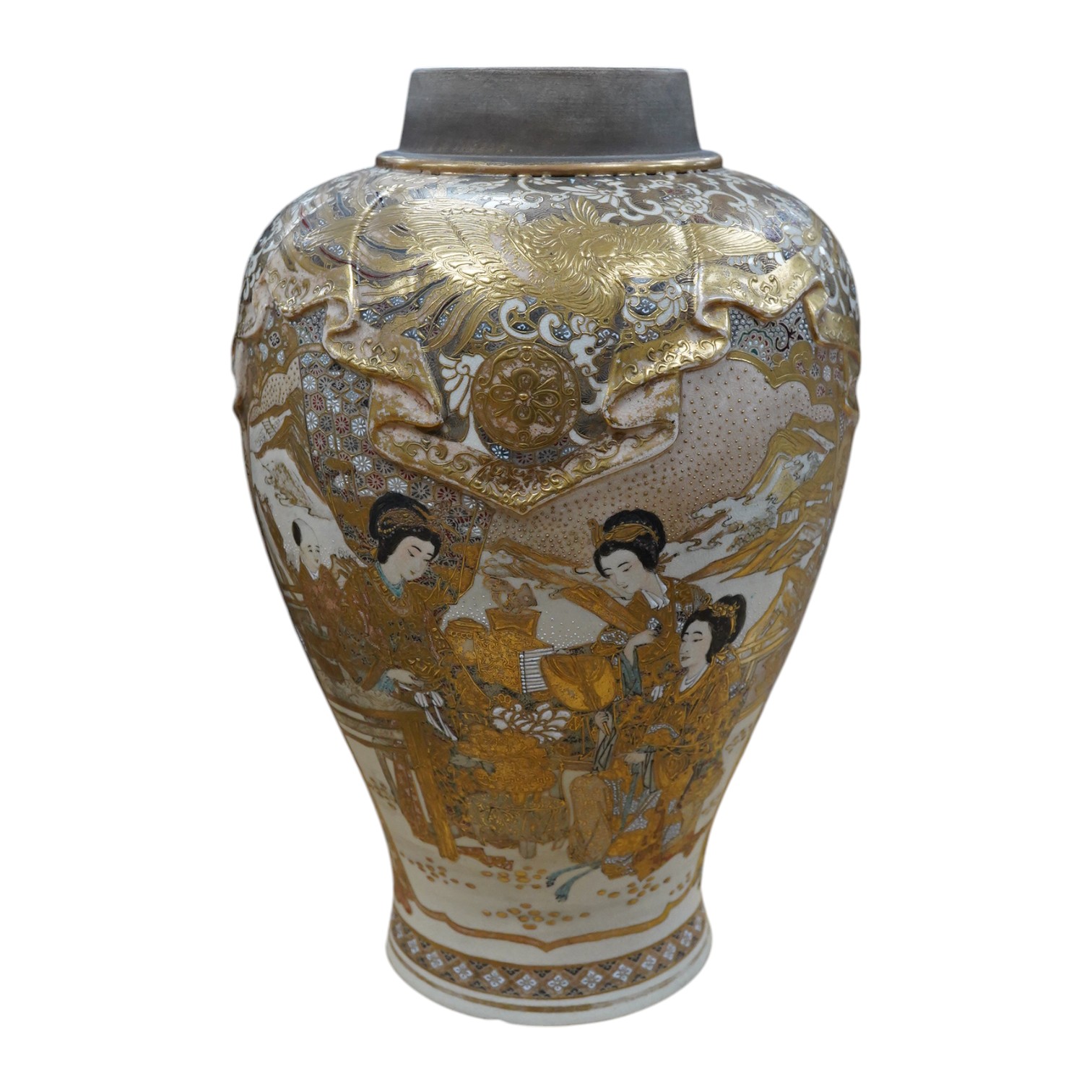 A large Japanese satsuma pottery vase, decorated in relief, Meiji period, 40cm high. Condition - fair